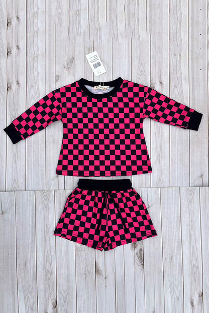 Fuchsia & black checkered long sleeve top & Shorts 2pc girls set XCH04056