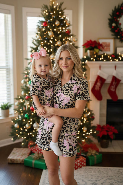 Western Mom and me leoaprd & pink bows top & shorts boutique girls pajamas set XCH04073