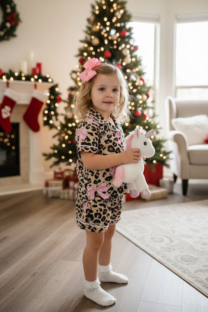 Western Mom and me leoaprd & pink bows top & shorts boutique girls pajamas set XCH04073