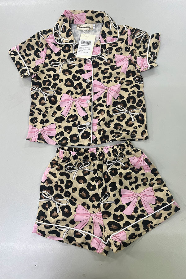 Western Mom and me leoaprd & pink bows top & shorts boutique girls pajamas set XCH04073