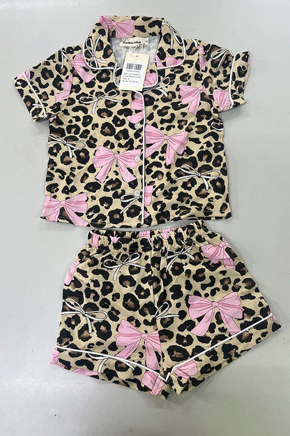 Western Mom and me leoaprd & pink bows top & shorts boutique girls pajamas set XCH04073