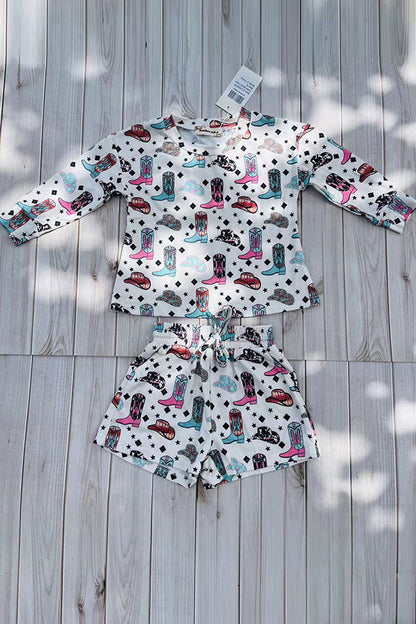 Western cowgirl long sleeve top & shorts girls boutique set XCH04078