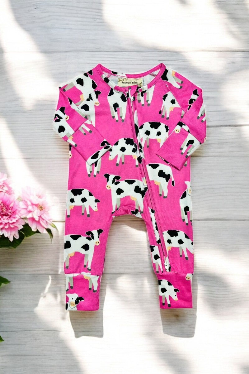 Baby clothes wholesale pink cow printed long sleeve infant romper XCH05010