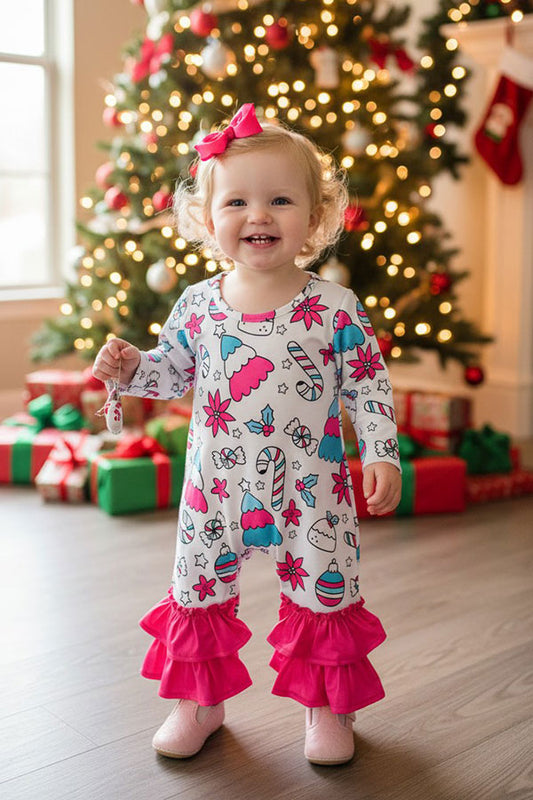 Christmas printed pink ruffle infant baby boutique romper XCH05030