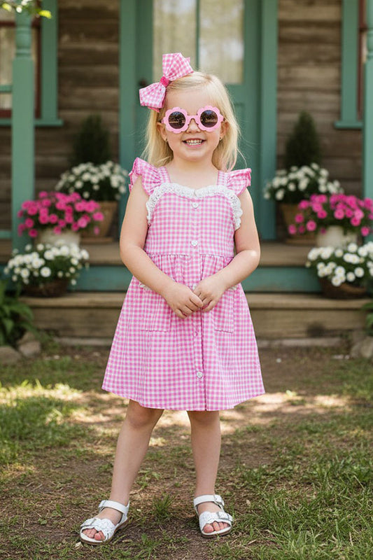 Chic patchwork pink checkered toddler girls boutique dress XCH0555-10H