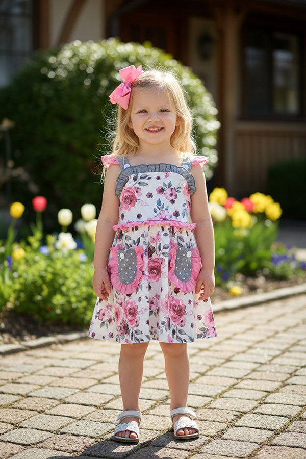 XCH0555-13H Floral printed & grey dot sleeveless summer girls dress