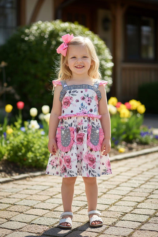 XCH0555-13H Floral printed & grey dot sleeveless summer girls dress