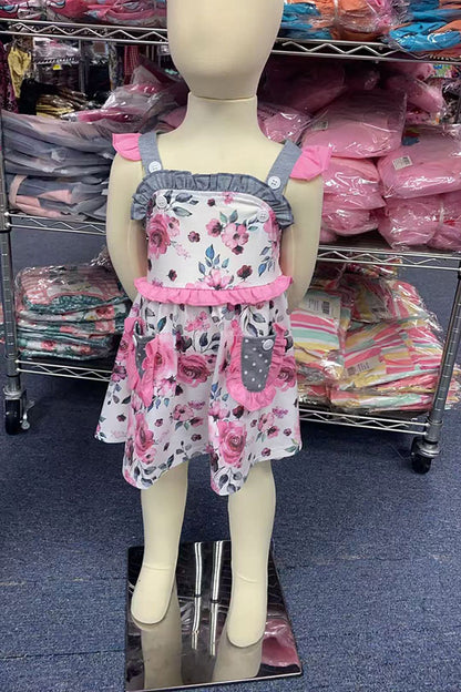XCH0555-13H Floral printed & grey dot sleeveless summer girls dress