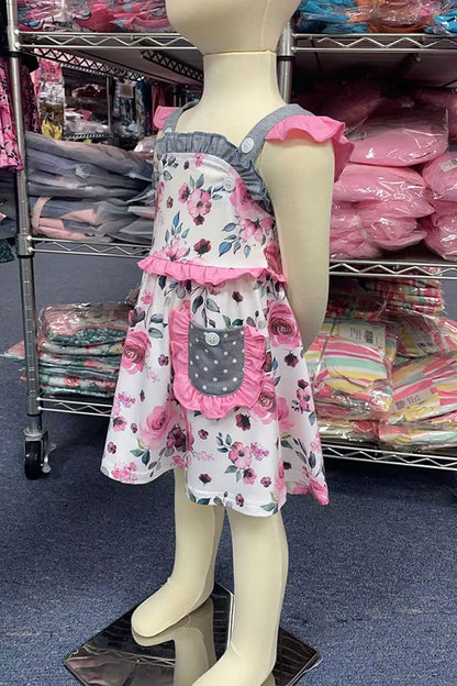 XCH0555-13H Floral printed & grey dot sleeveless summer girls dress