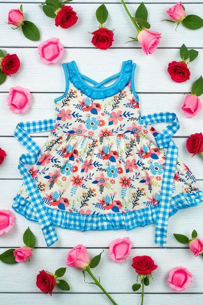 Floral printed & blue checkered girls dress w/side belt XCH0555-14