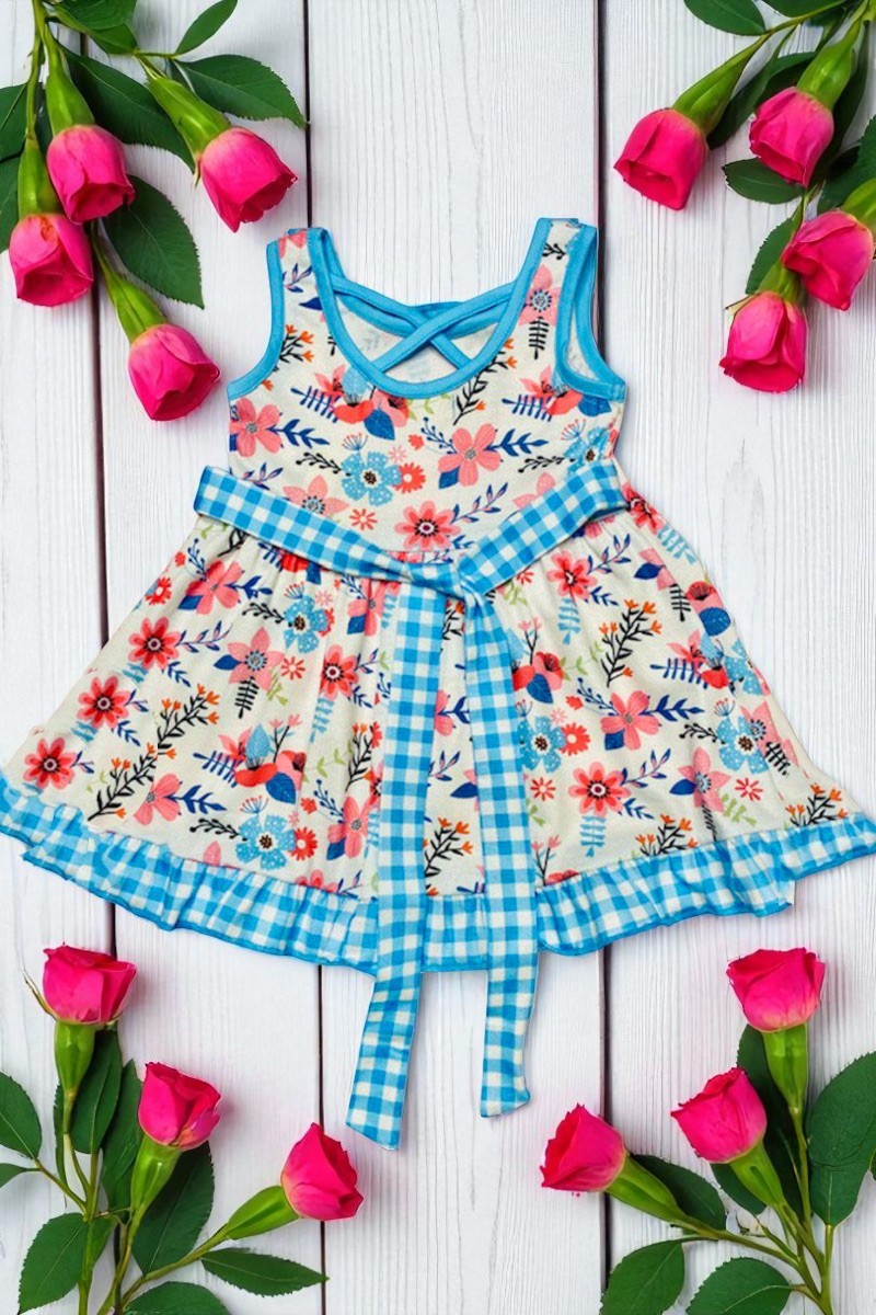 Floral printed & blue checkered girls dress w/side belt XCH0555-14