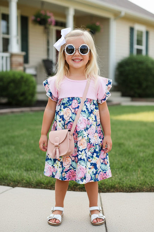 XCH0555-15H Pink & Floral prints color block summer girls dress