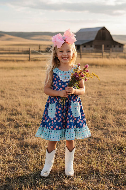 Chic blue flower & turquoise dot boutique girls dress XCH0555-17H