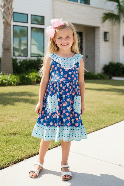Chic blue flower & turquoise dot boutique girls dress XCH0555-17H