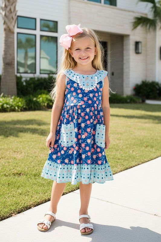 Chic blue flower & turquoise dot boutique girls dress XCH0555-17H