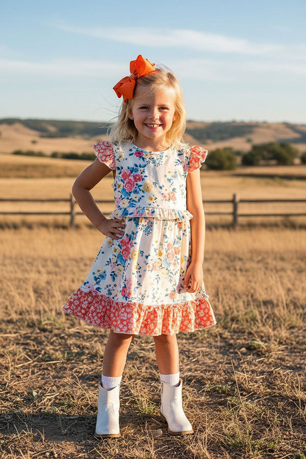 Chic foral printed short sleeve girls boutique dress w/ruffle XCH0555-19H