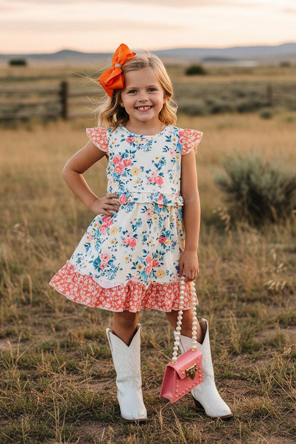Chic foral printed short sleeve girls boutique dress w/ruffle XCH0555-19H