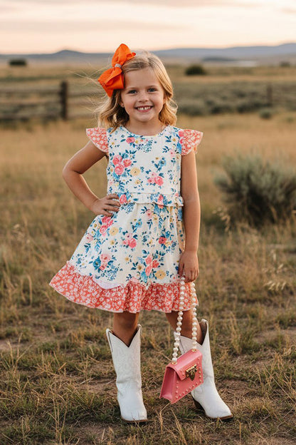 Chic foral printed short sleeve girls boutique dress w/ruffle XCH0555-19H