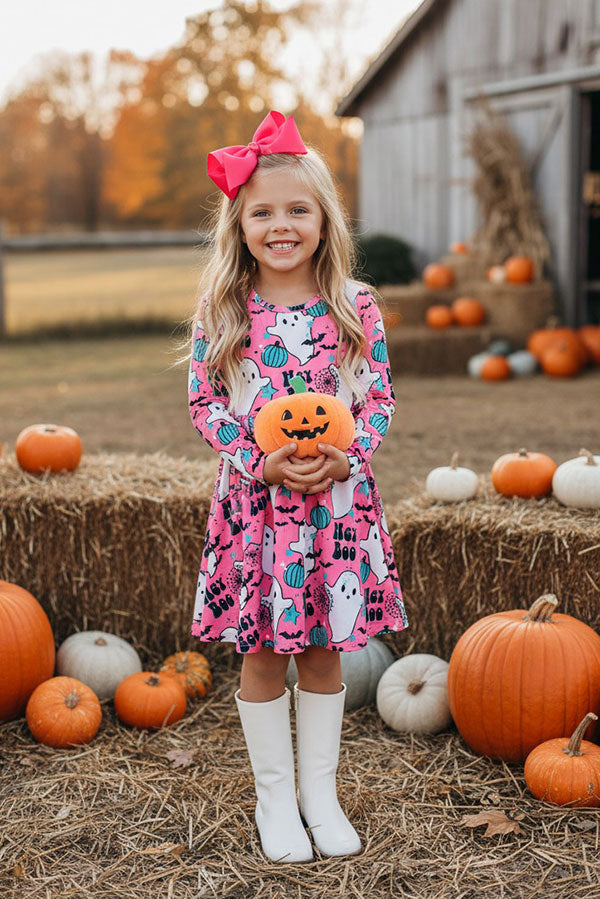 Halloween HEY BOO pink ghost & pumpkin girl's boutique dress XCH0555-21H