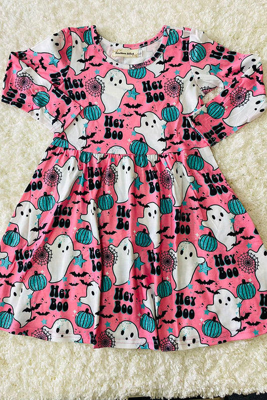"HEY BOO" pink ghost & pumpkin print long sleeve dress XCH0555-21H