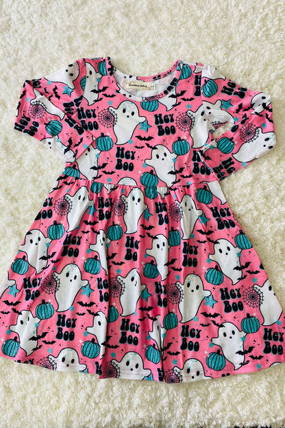 "HEY BOO" pink ghost & pumpkin print long sleeve dress XCH0555-21H