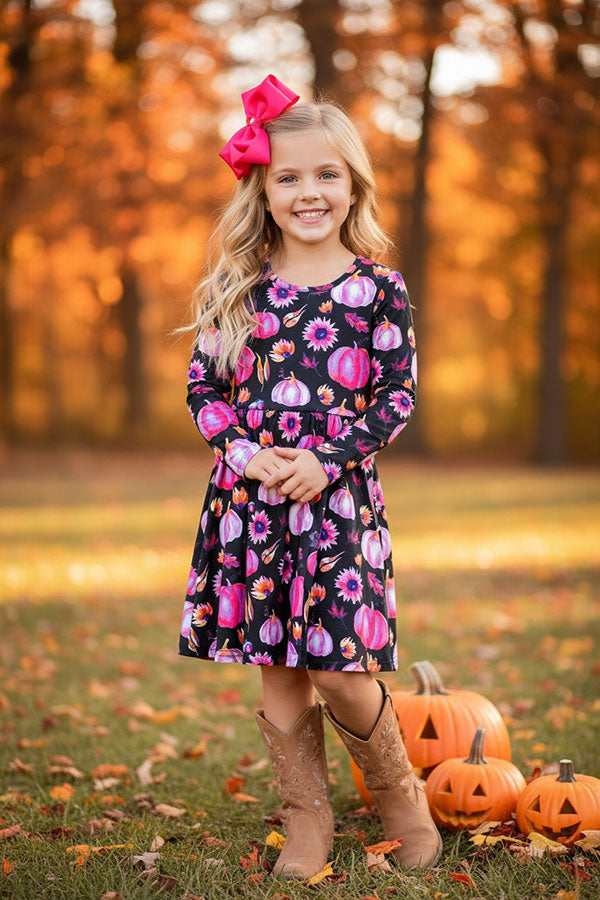 Halloween pumpkin & floral long sleeve girls boutique dress XCH0555-23H