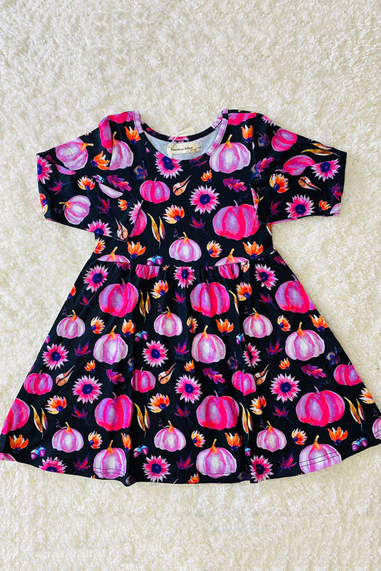 Black pumpkin & sunflower print long sleeve dress XCH0555-23H