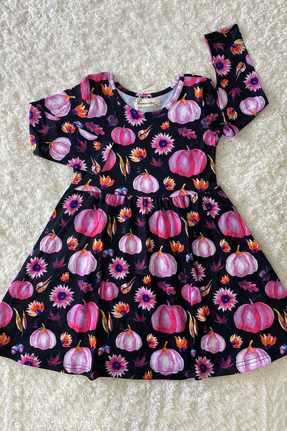 Black pumpkin & sunflower print long sleeve dress XCH0555-23H