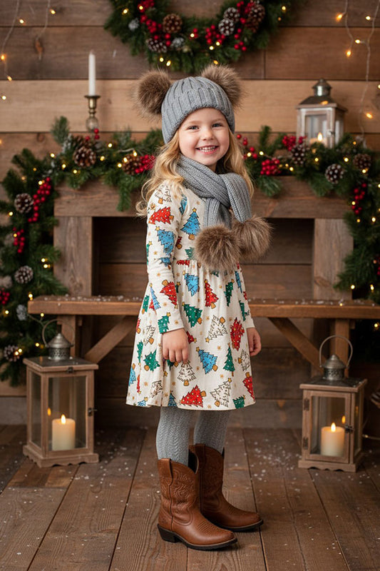 Christmas tree pring long sleeve girls boutique dress XCH0555-25H