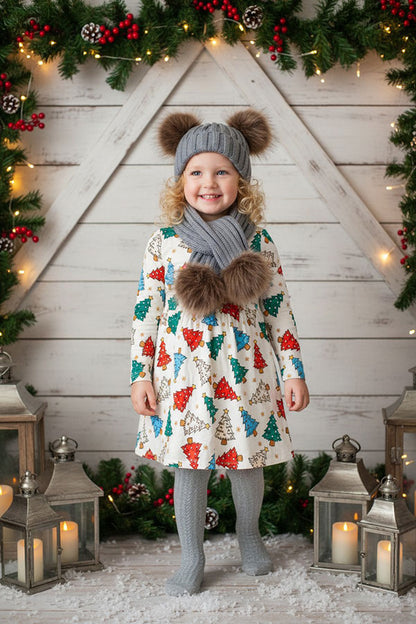 Christmas tree pring long sleeve girls boutique dress XCH0555-25H