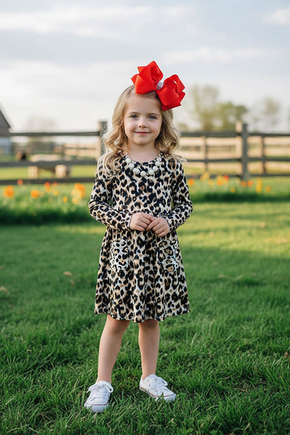 XCH0555-26H Leopard printed long sleeve girls dress with pockets
