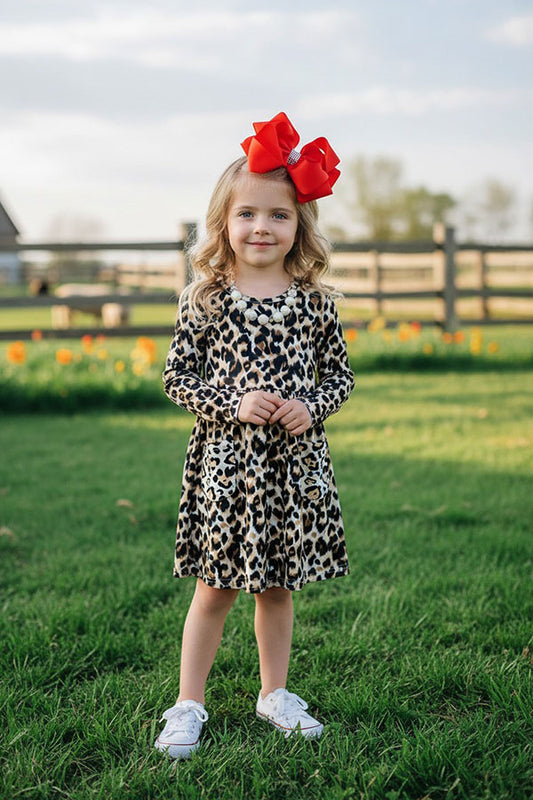 XCH0555-26H Leopard printed long sleeve girls dress with pockets