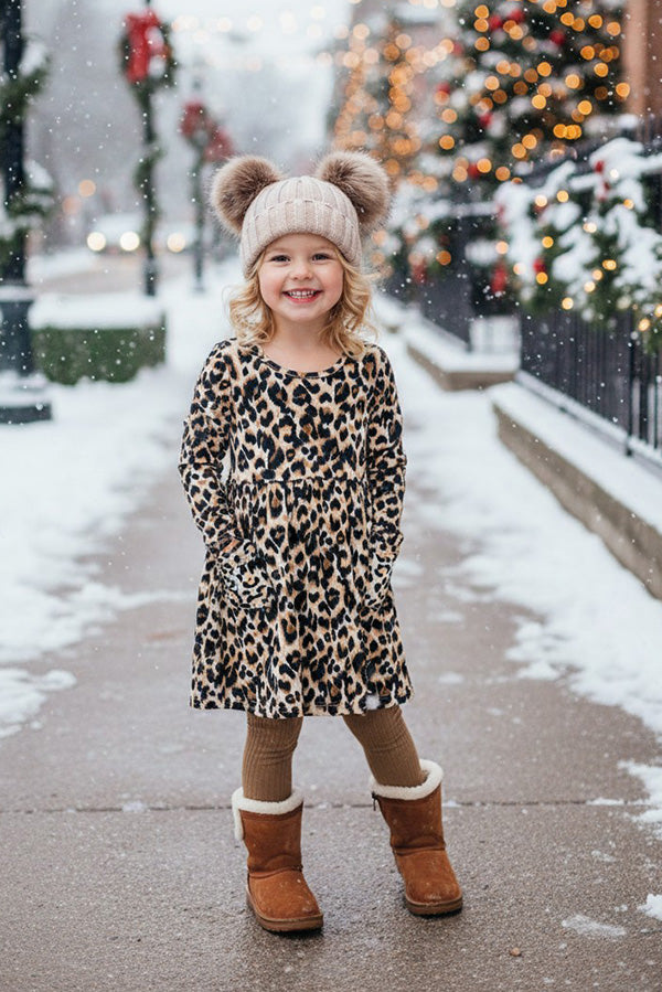 Leopard printed long sleeve girls dress with pockets XCH0555-26H