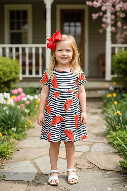 XCH0555-3H Summer watermelon & stripes printed girls dress