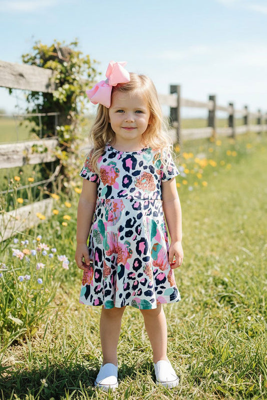 XCH0555-5H Pink cheetah short sleeve girls dress