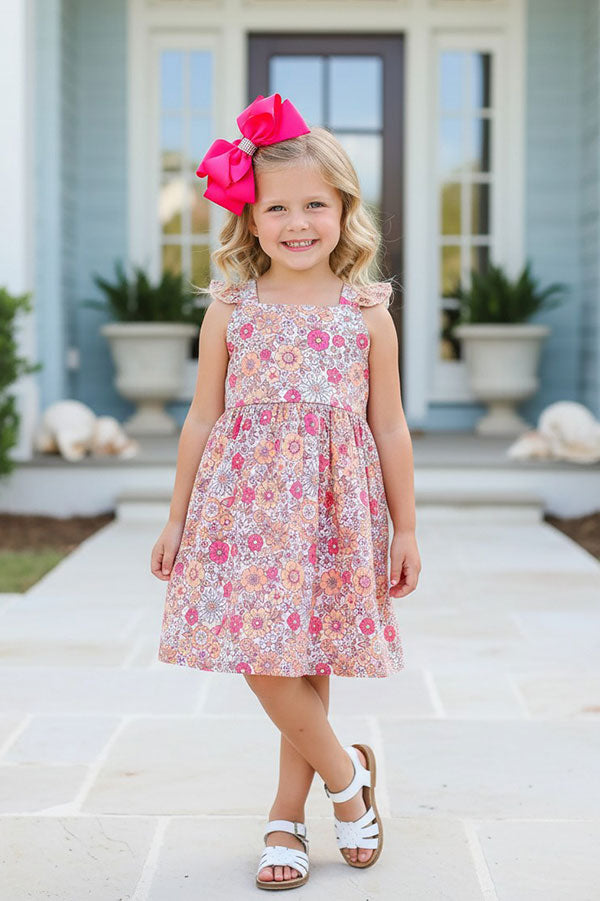 Chic floral print flutter sleeve girl's boutique dress w/tied back XCH0555-9H