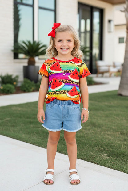 Western watermelon & leopard short sleeve girls boutique top XCH0660-4H
