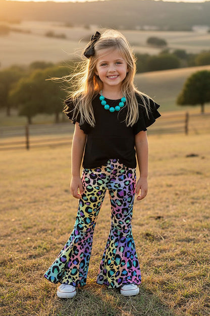 Western leopard pant w/black bell sleeve top girls boutique set XCH0666-15H