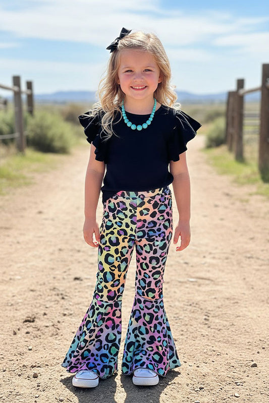 Western leopard pant w/black bell sleeve top girls boutique set XCH0666-15H