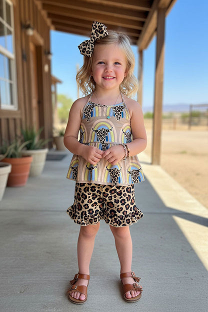 Western Leopard & bull top & shorts girls boutique set wholesale XCH0666-18H