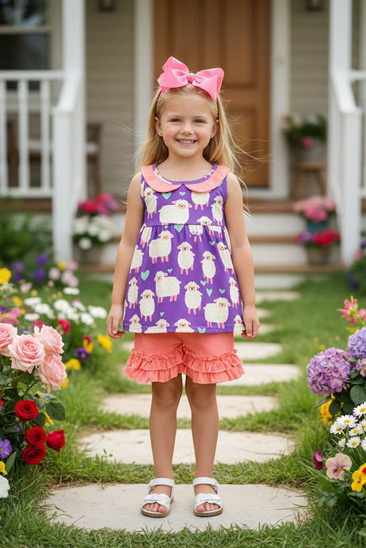 XCH0666-1H Sheeps & hearts purple & pink 2pc ruffle girls set