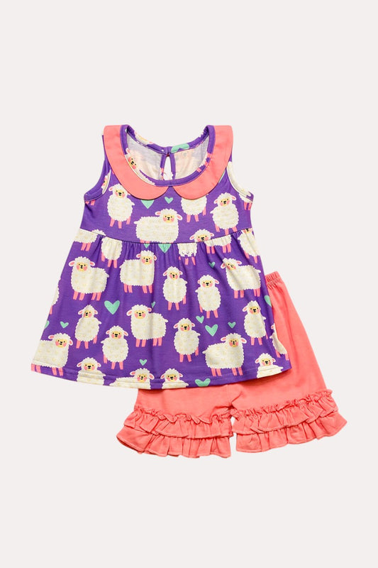 X0666-1 Sheeps & hearts purple & pink 2pc ruffle girls set