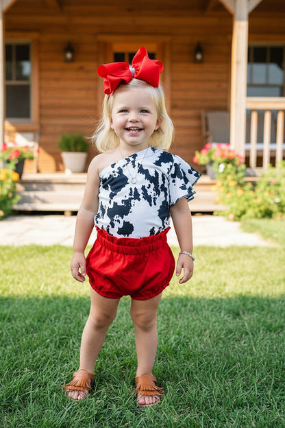 Western cow print one shoulder top red shorts baby boutique set XCH0666-21H