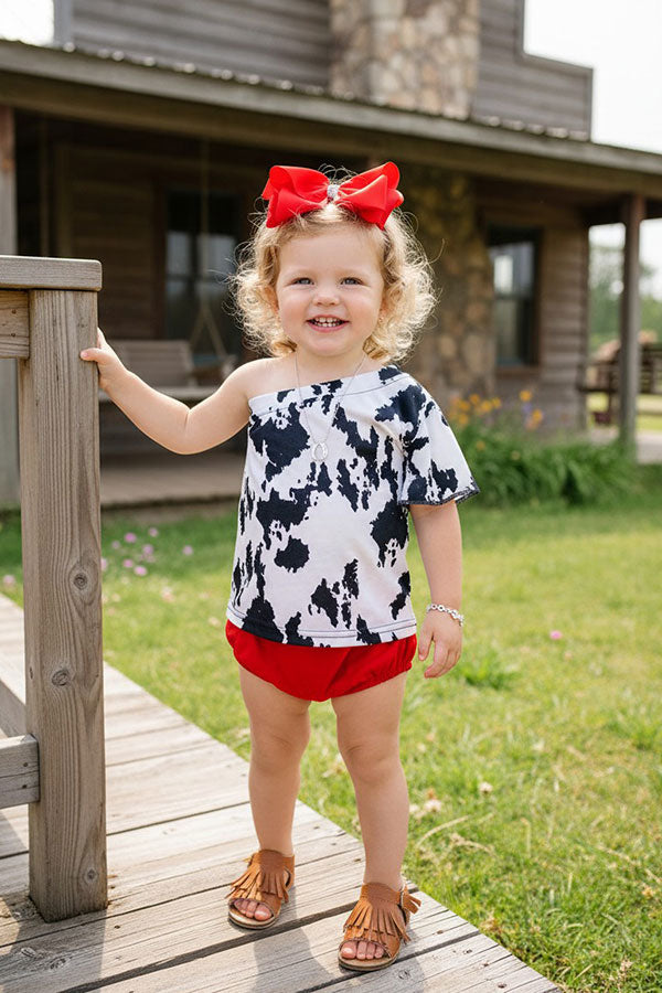Western cow print one shoulder top red shorts baby boutique set XCH0666-21H