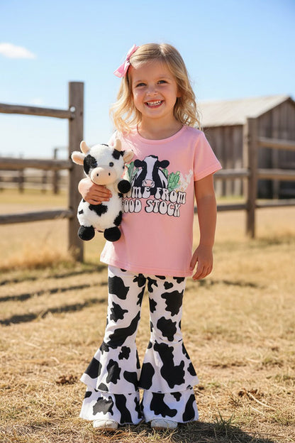 Western "I COME FROM GOOD STOCK" pink top cow bell bottom girls boutique set XCH0666-22H (A7S1)