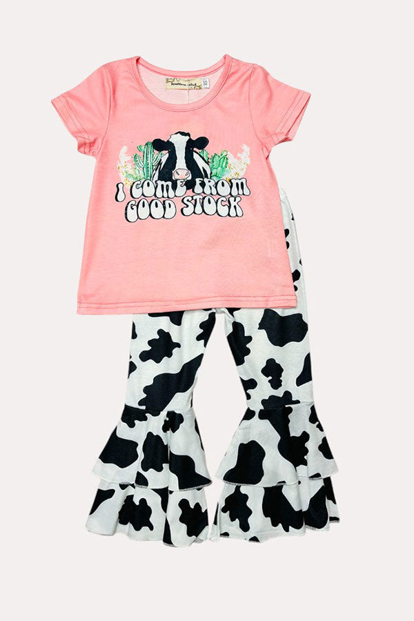 Western "I COME FROM GOOD STOCK" pink top cow bell bottom girls boutique set XCH0666-22H (A7S1)