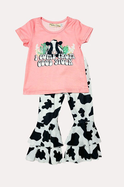 Western "I COME FROM GOOD STOCK" pink top cow bell bottom girls boutique set XCH0666-22H (A7S1)