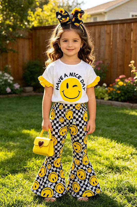 Western smile face top & bell bottom girls boutique sets XCH0666-23H