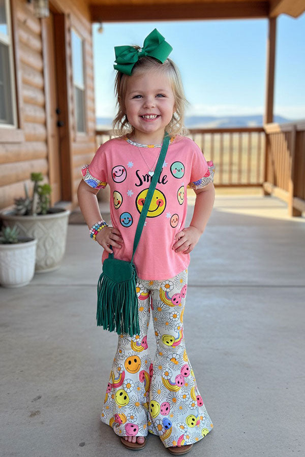 Trendy smile face coral top bell bottom pant girls boutique sets XCH0666-25H