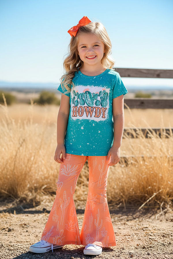Western chic turquoise top & flare pant girls boutique sets XCH0666-27H